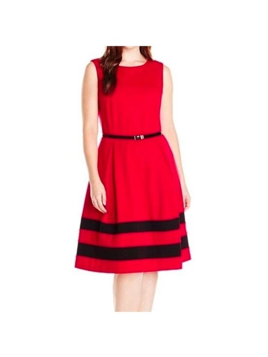 Calvin Klein Dresses & Skirts - Calvin Klein Red & Black Striped Sleeveless A-Line Dress With Belt Size 4P